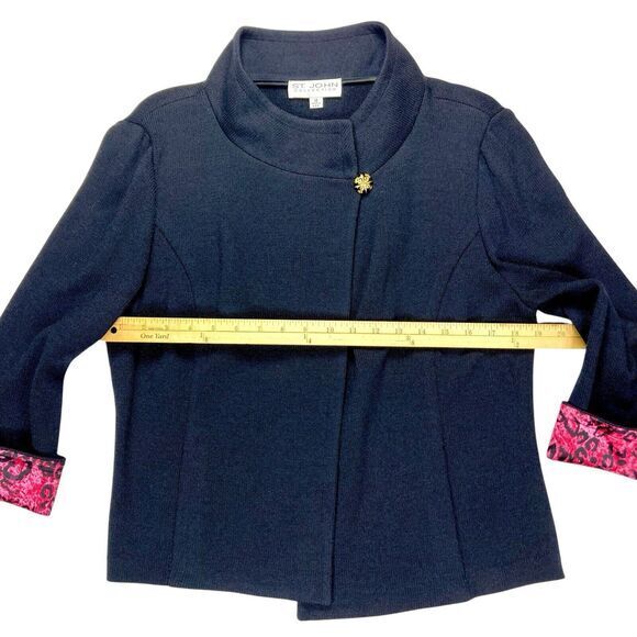 St. John Collection Jacket Women 12 Black Knit Silk Floral Trim Mock Neck Blazer - Picture 12 of 16